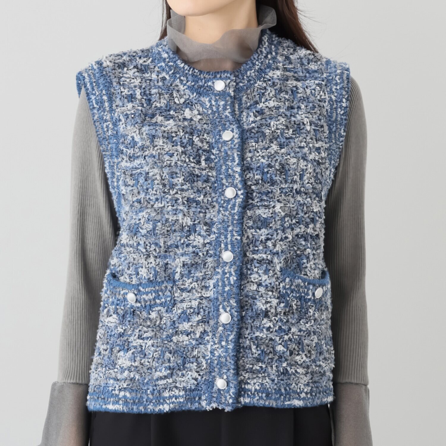 ミューリエ レトロで新しい ツイード見えニットジレ
