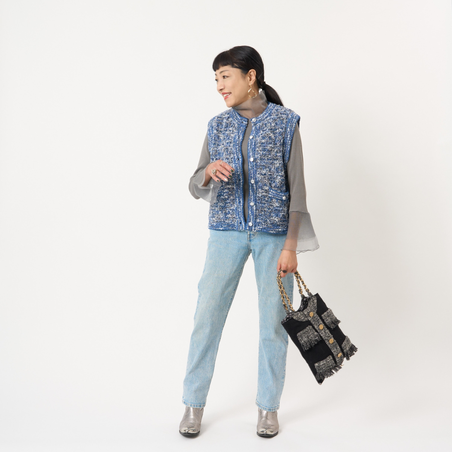 ミューリエ レトロで新しい ツイード見えニットジレ