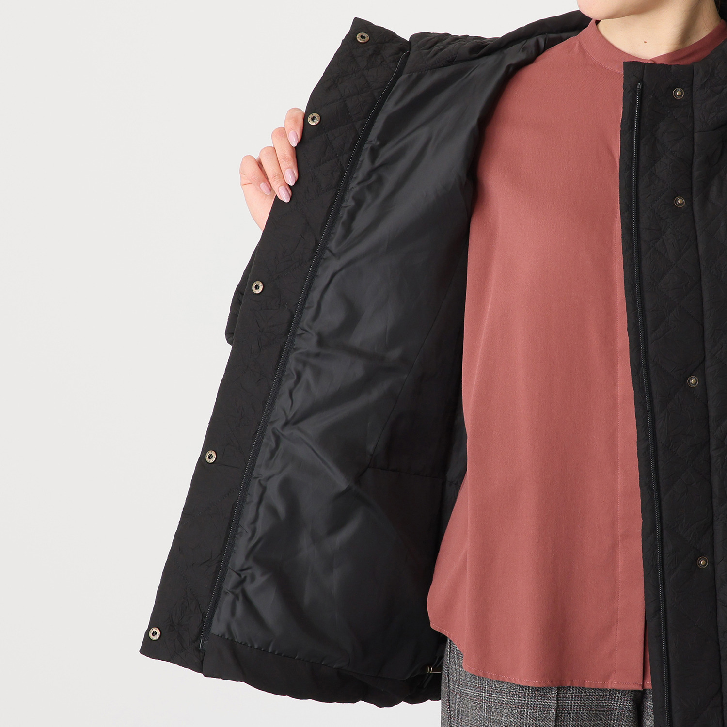 元町ゼラール ワッシャータフタ グラデーションキルト ミドル丈フーディーコート