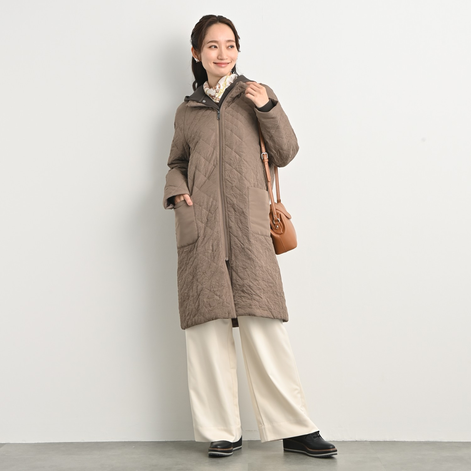 元町ゼラール ワッシャータフタ グラデーションキルト スタンドロングコート