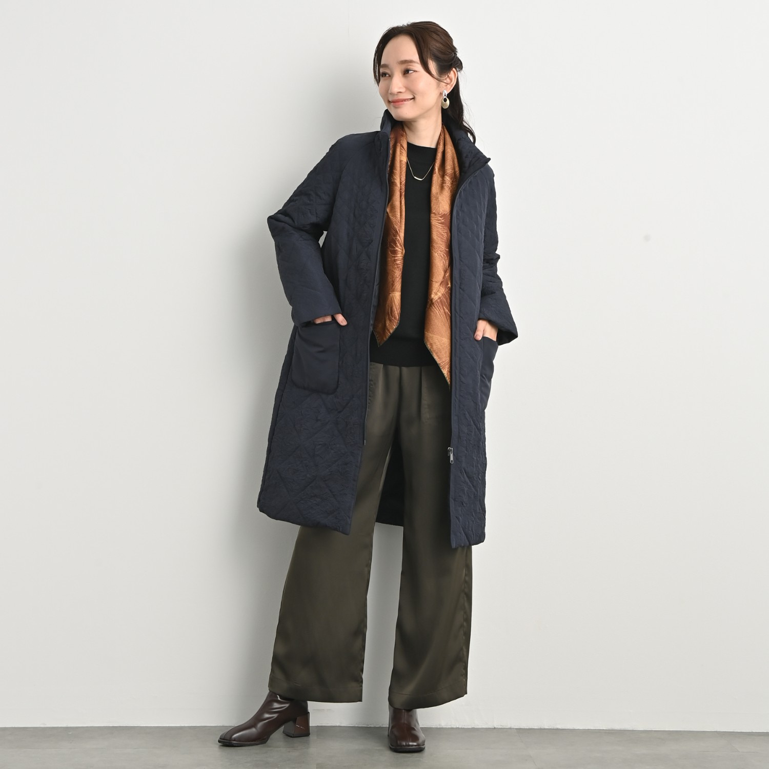 元町ゼラール ワッシャータフタ グラデーションキルト スタンドロングコート