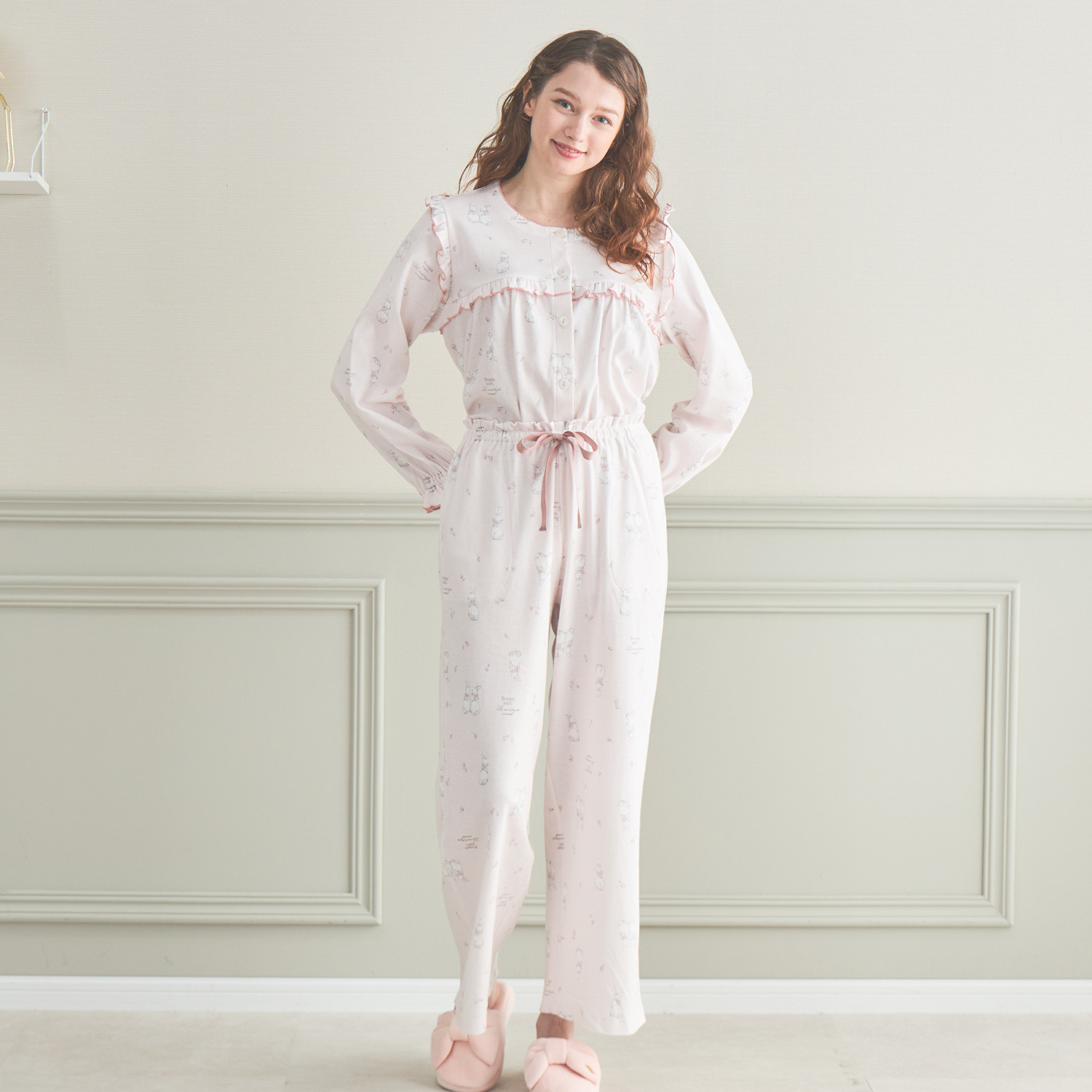 ナルエー 綿１００％スムース リボンうさぎの フリルパジャマ