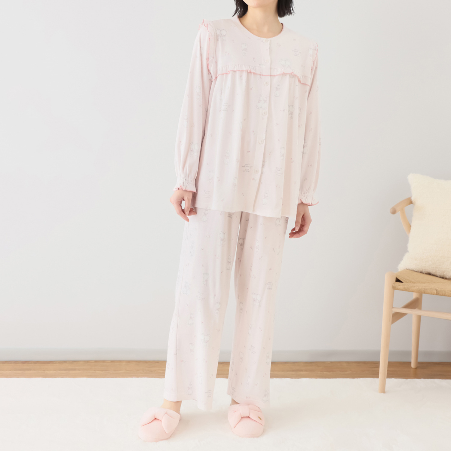 ナルエー 綿１００％スムース リボンうさぎの フリルパジャマ