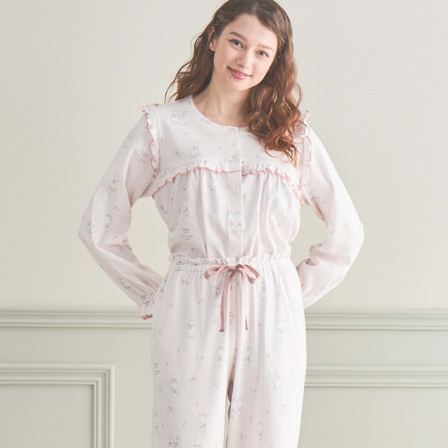 ナルエー 綿１００％スムース リボンうさぎの フリルパジャマ