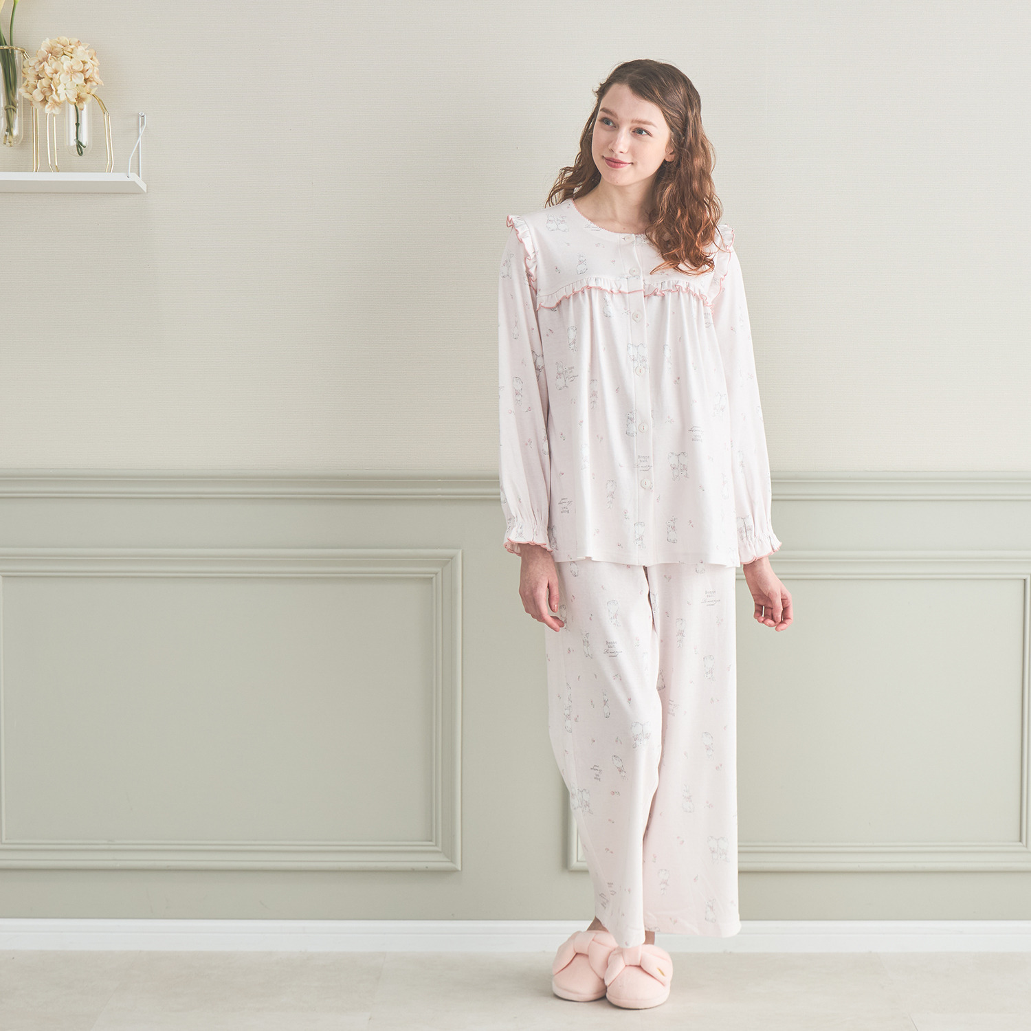 ナルエー 綿１００％スムース リボンうさぎの フリルパジャマ