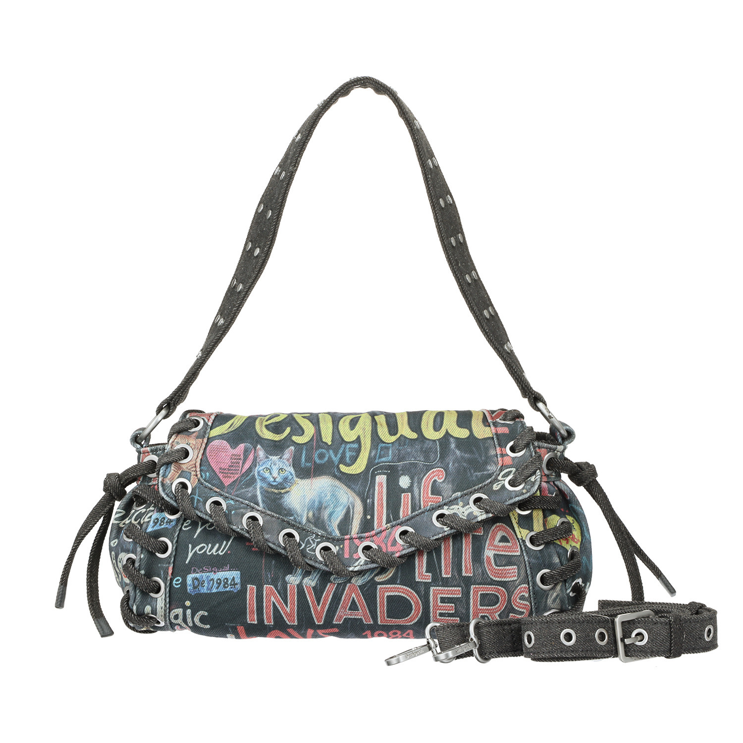 デシグアル デニム風 キャットペイント ショルダーバッグ