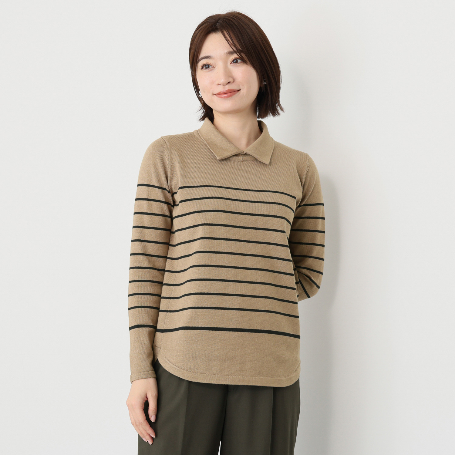 スピンブルー ギザ超長綿ブレンド 糸起毛 パネルボーダー 襟付　シャツテイル ニットプルオーバー