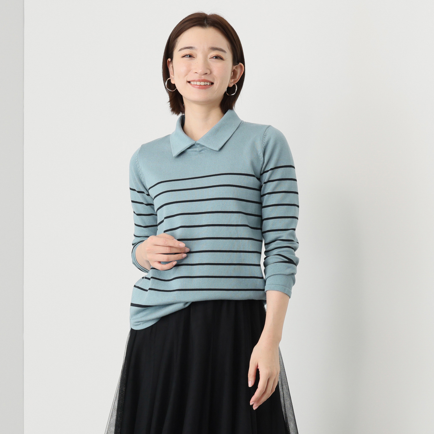 スピンブルー ギザ超長綿ブレンド 糸起毛 パネルボーダー 襟付　シャツテイル ニットプルオーバー