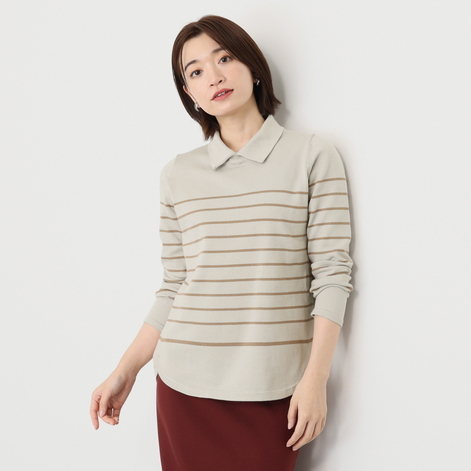 スピンブルー ギザ超長綿ブレンド 糸起毛 パネルボーダー 襟付　シャツテイル ニットプルオーバー