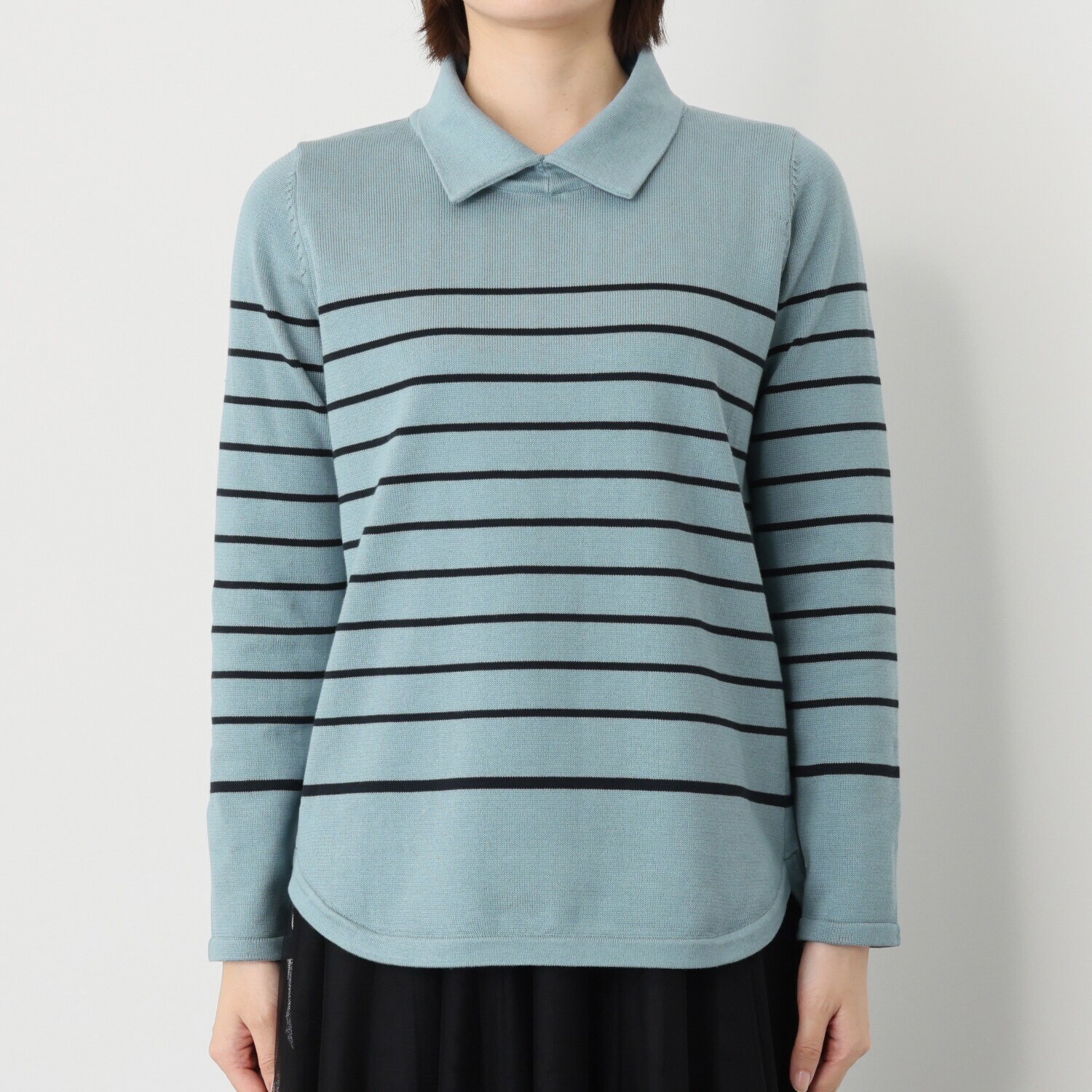 スピンブルー ギザ超長綿ブレンド 糸起毛 パネルボーダー 襟付　シャツテイル ニットプルオーバー