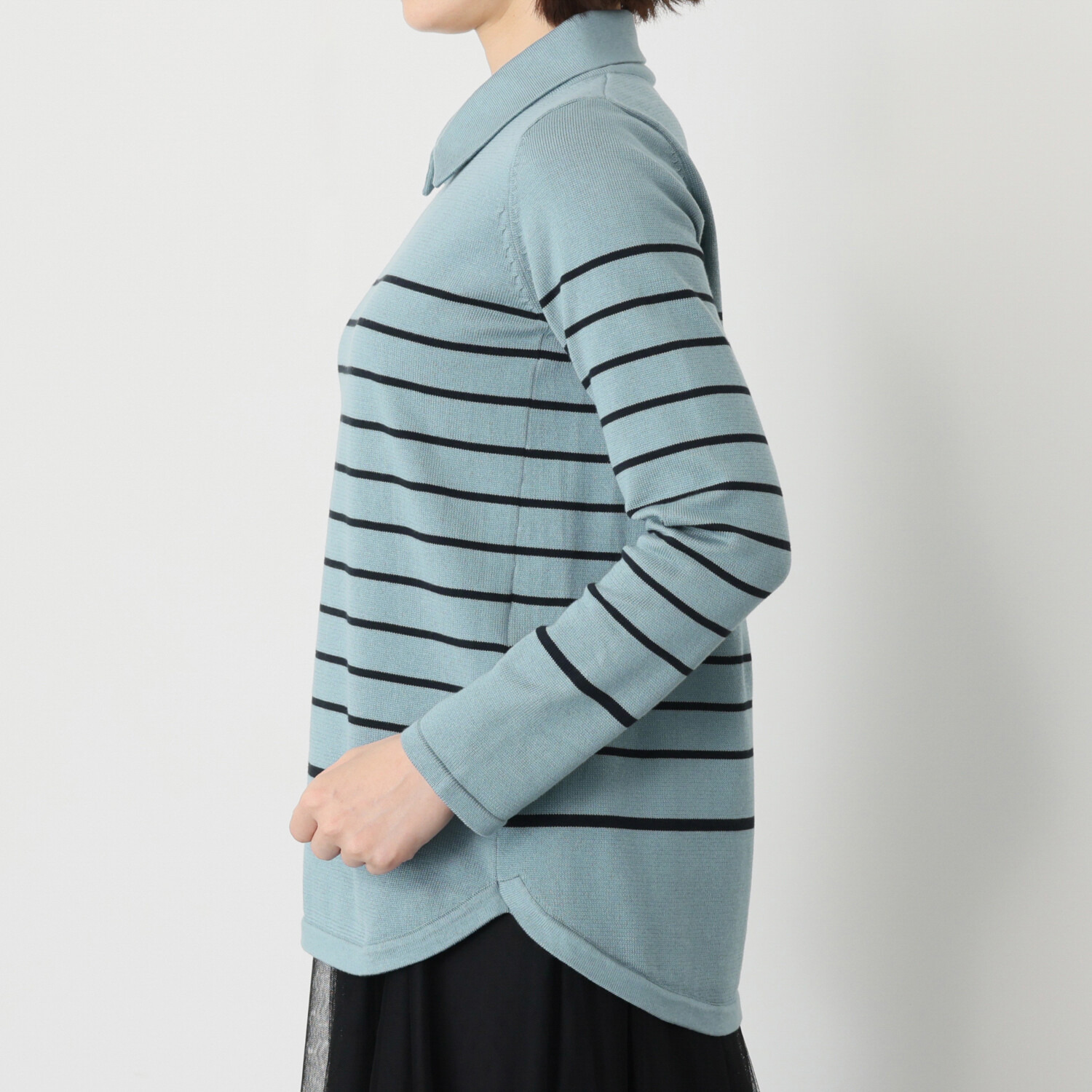 スピンブルー ギザ超長綿ブレンド 糸起毛 パネルボーダー 襟付　シャツテイル ニットプルオーバー