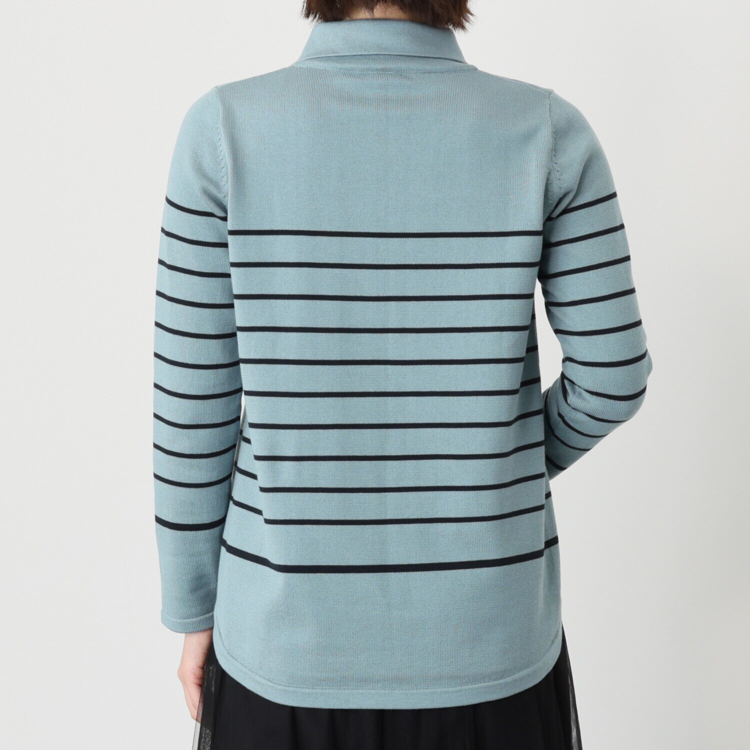 スピンブルー ギザ超長綿ブレンド 糸起毛 パネルボーダー 襟付　シャツテイル ニットプルオーバー