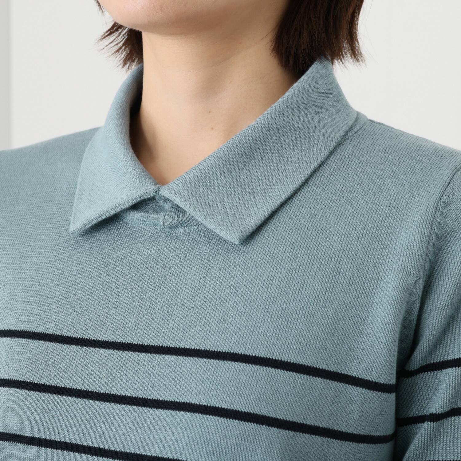スピンブルー ギザ超長綿ブレンド 糸起毛 パネルボーダー 襟付　シャツテイル ニットプルオーバー