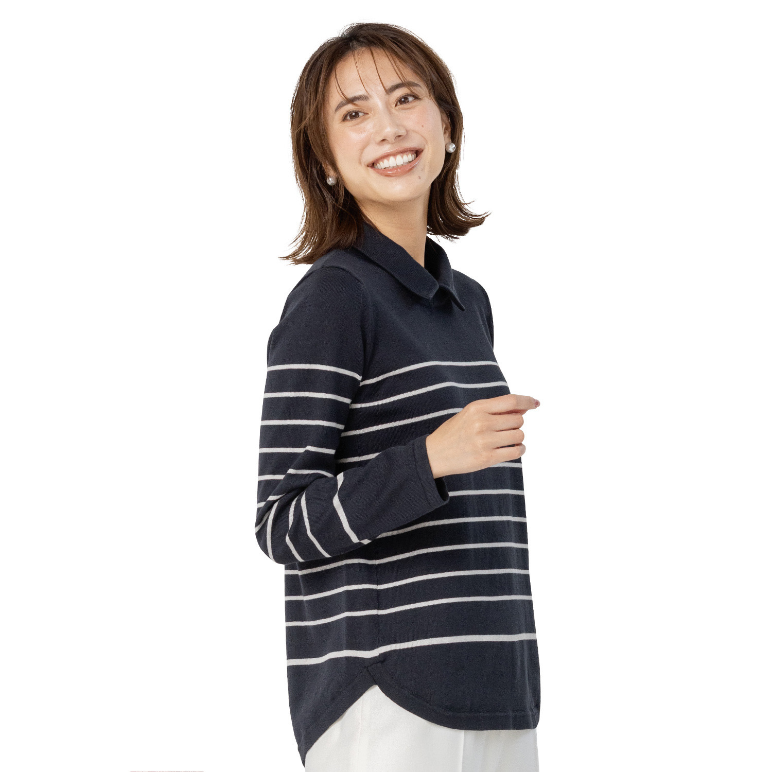 スピンブルー ギザ超長綿ブレンド 糸起毛 パネルボーダー 襟付　シャツテイル ニットプルオーバー