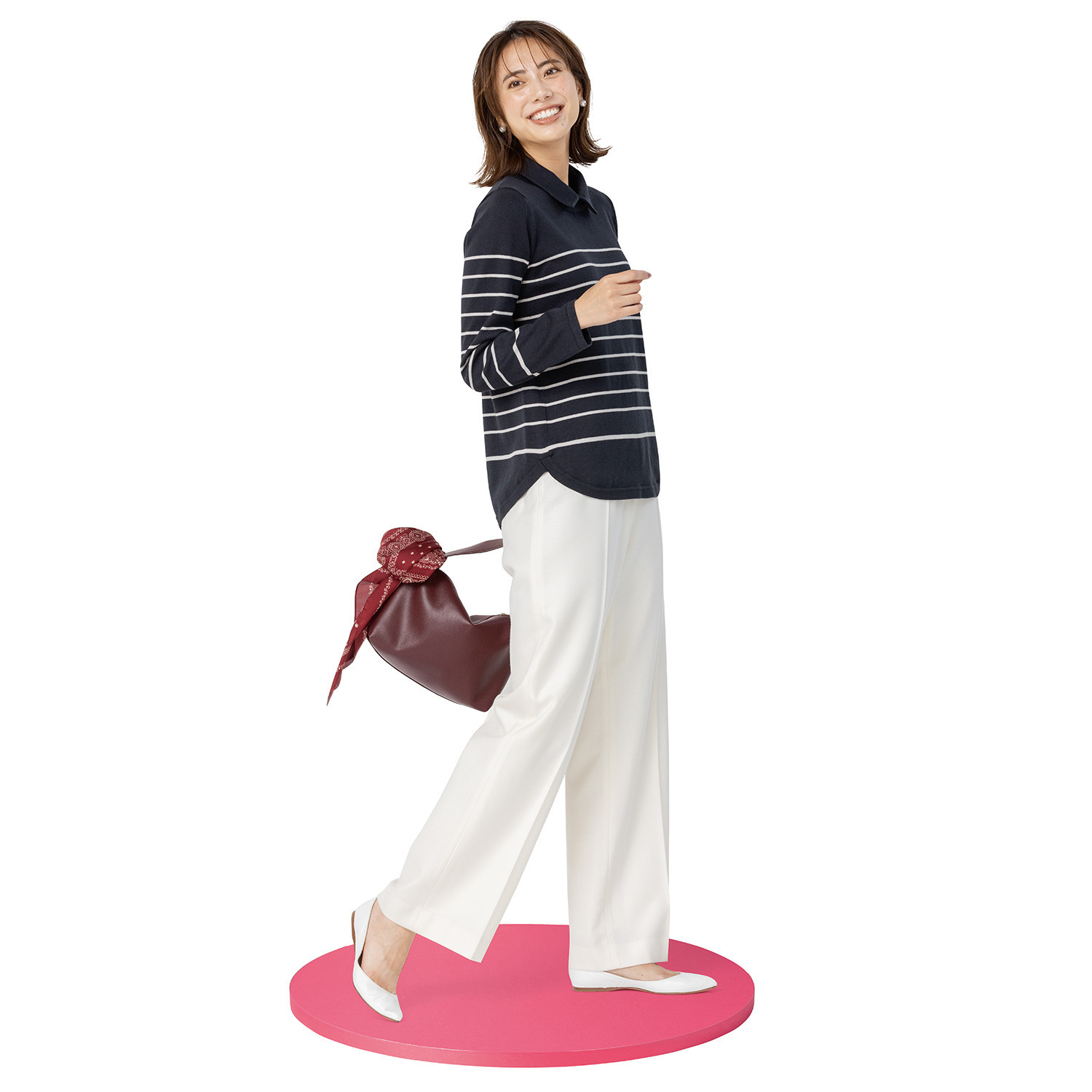 スピンブルー ギザ超長綿ブレンド 糸起毛 パネルボーダー 襟付　シャツテイル ニットプルオーバー