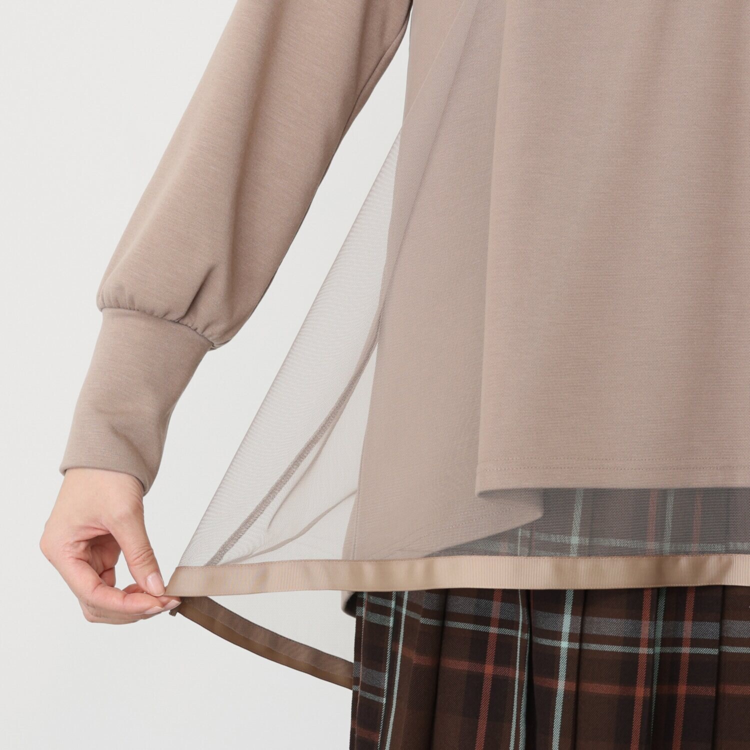 イシカワラボ★ヒトミ 裏起毛ソフトジャージー チュールレイヤード フレアーデザイン チュニックプルオーバー