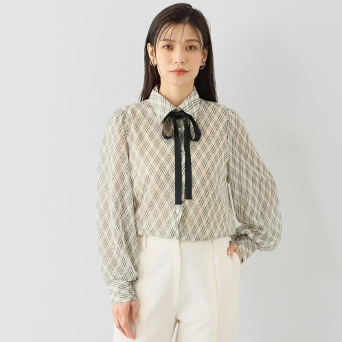 マダムヒロコ　リボンアクセント　チェックシアーブラウス　＜インナー付＞