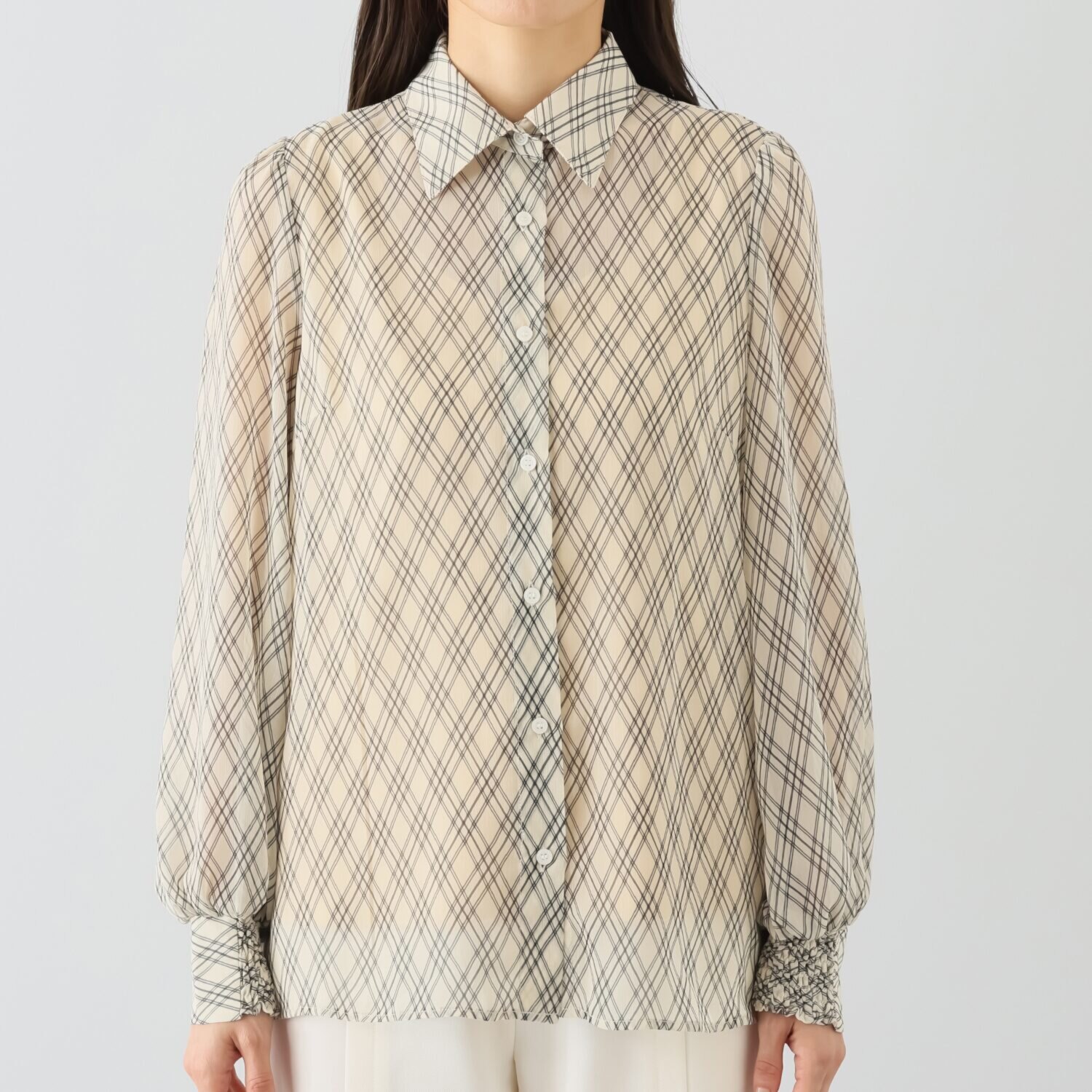 マダムヒロコ リボンアクセント チェックシアーブラウス ＜インナー付＞