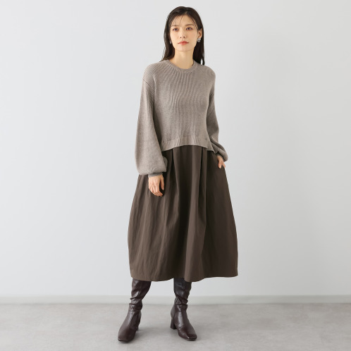 マダムヒロコ 布帛ドッキング ニットワンピース マダムヒロコ 布帛ドッキング ニットワンピース