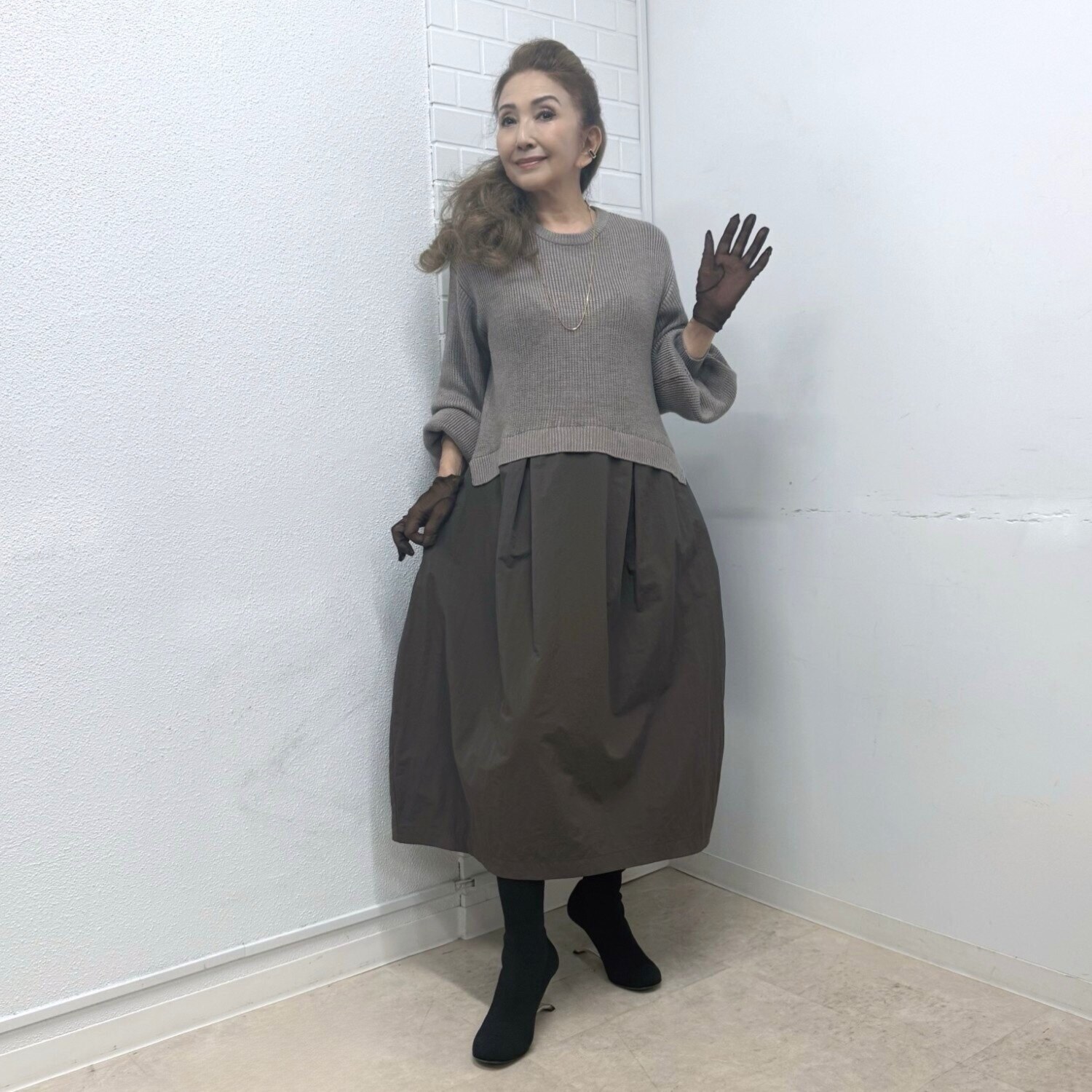 マダムヒロコ 布帛ドッキング ニットワンピース