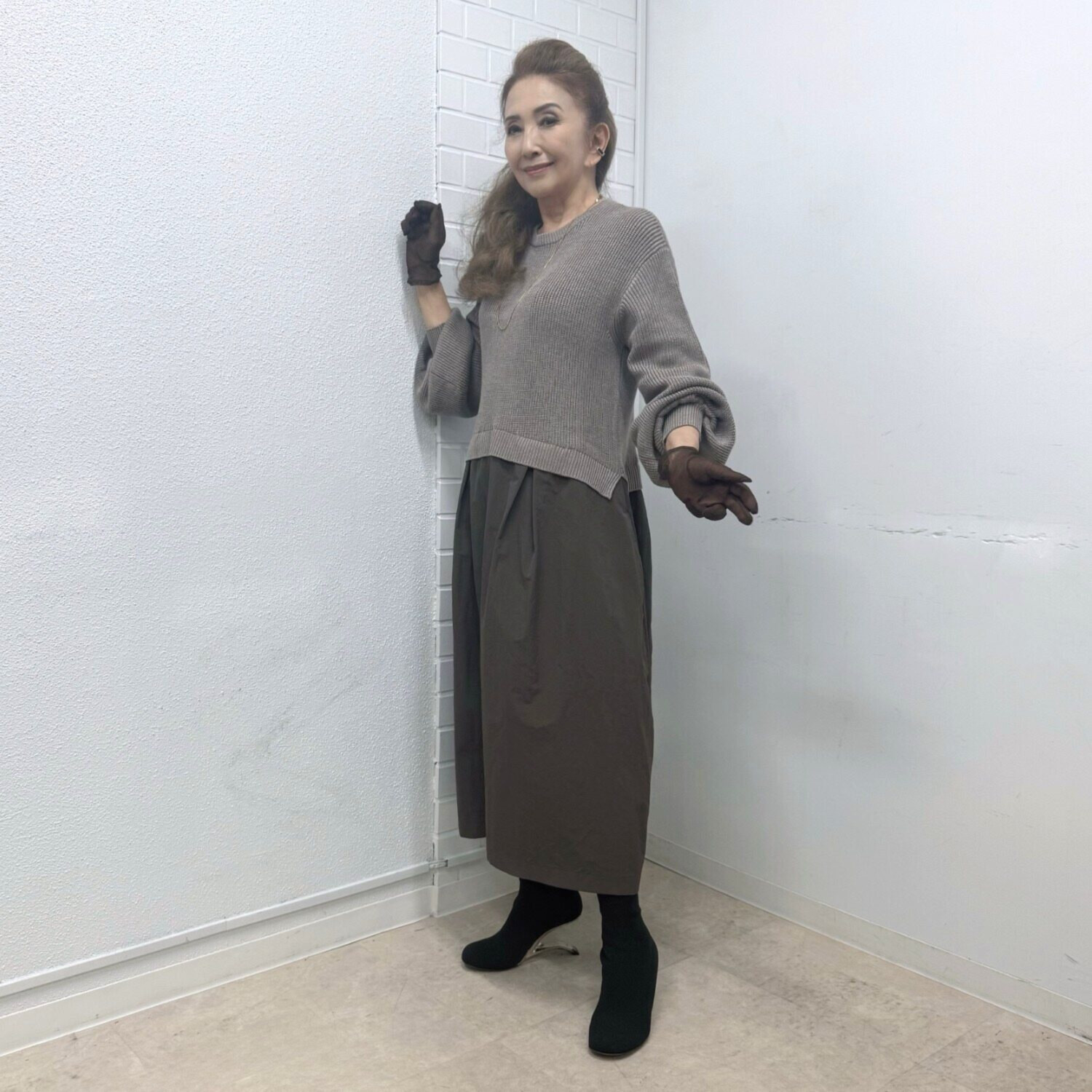 マダムヒロコ 布帛ドッキング ニットワンピース