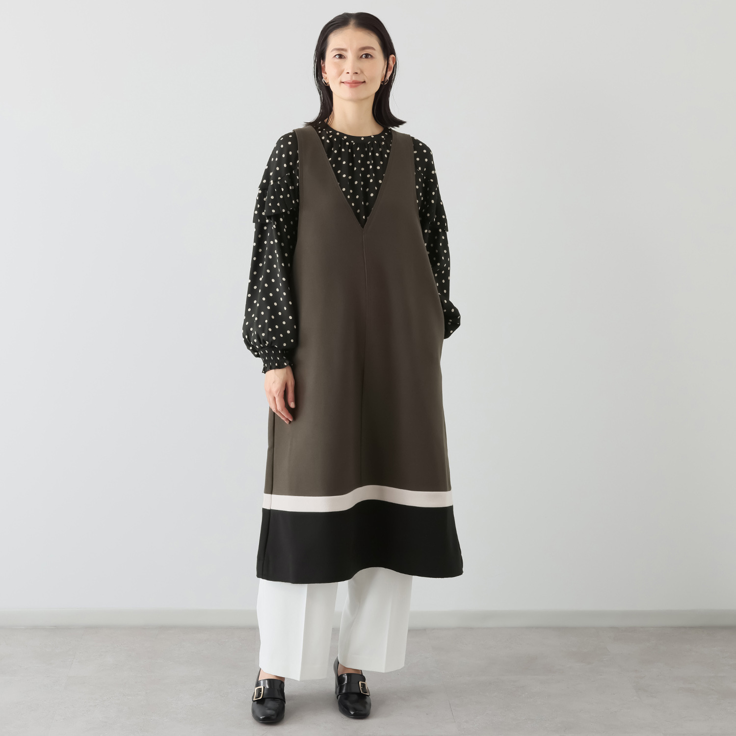 スタイル・ラヴィー バイカラー切替 ウールライクフラノ ジャンスカワンピース