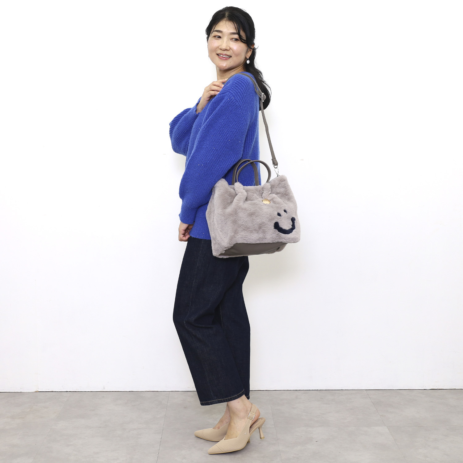 クーコ スマイリーフェイス エコファー ２ウェイトートバッグ