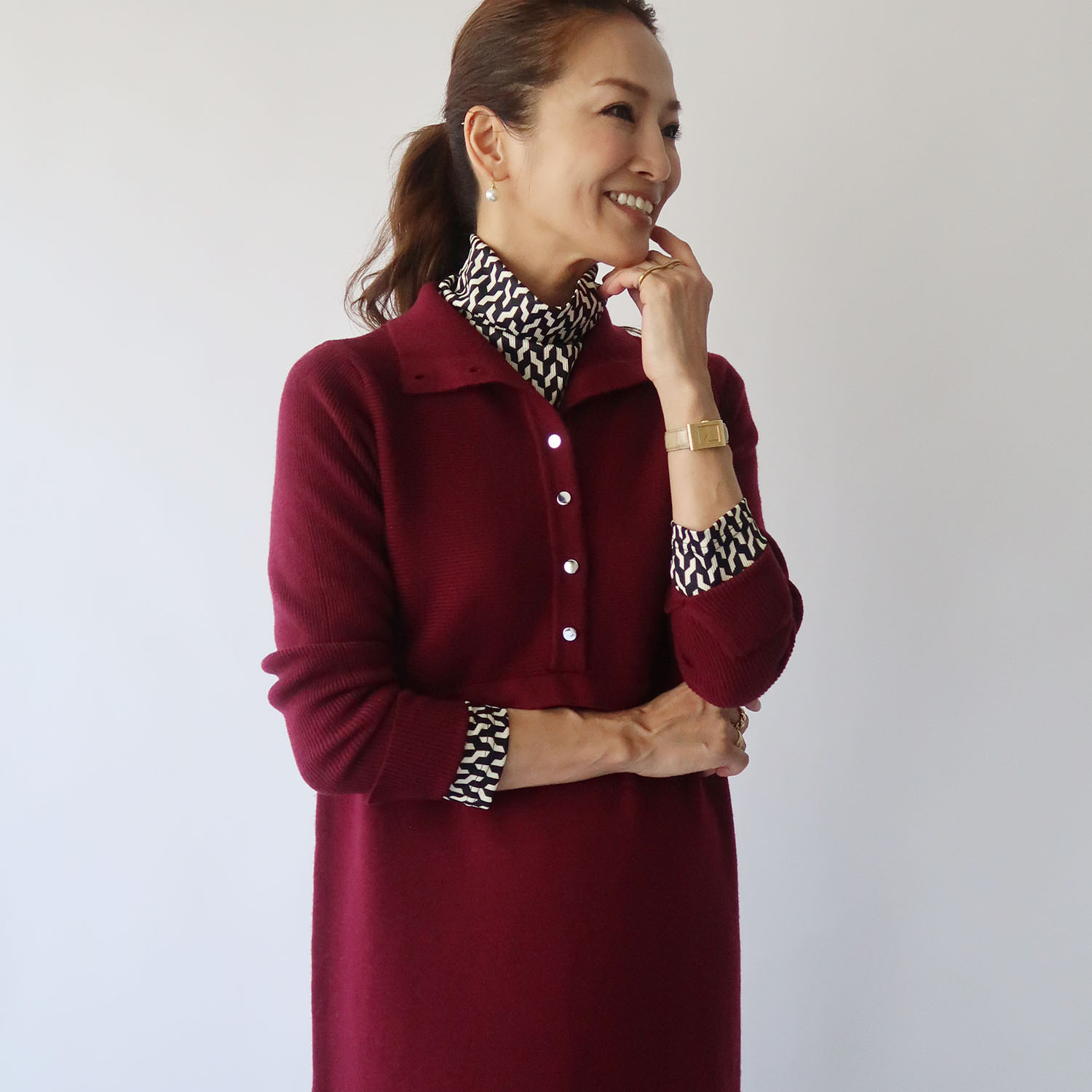 フーア ジオメトリック柄 ハイネック カットソープルオーバー