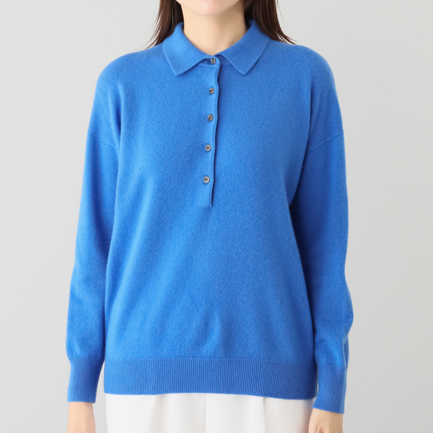 アズイズ　ビーマイセルフ バイ　ネイチャーズ モンゴルカシミヤ セミワイドシルエット ポロカラープルオーバー