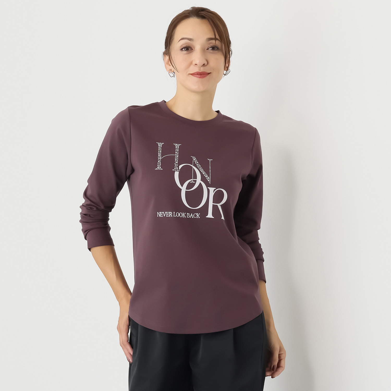 ヘブンアンドアース ラインストーンモティーフ メッセージ ロングＴシャツ