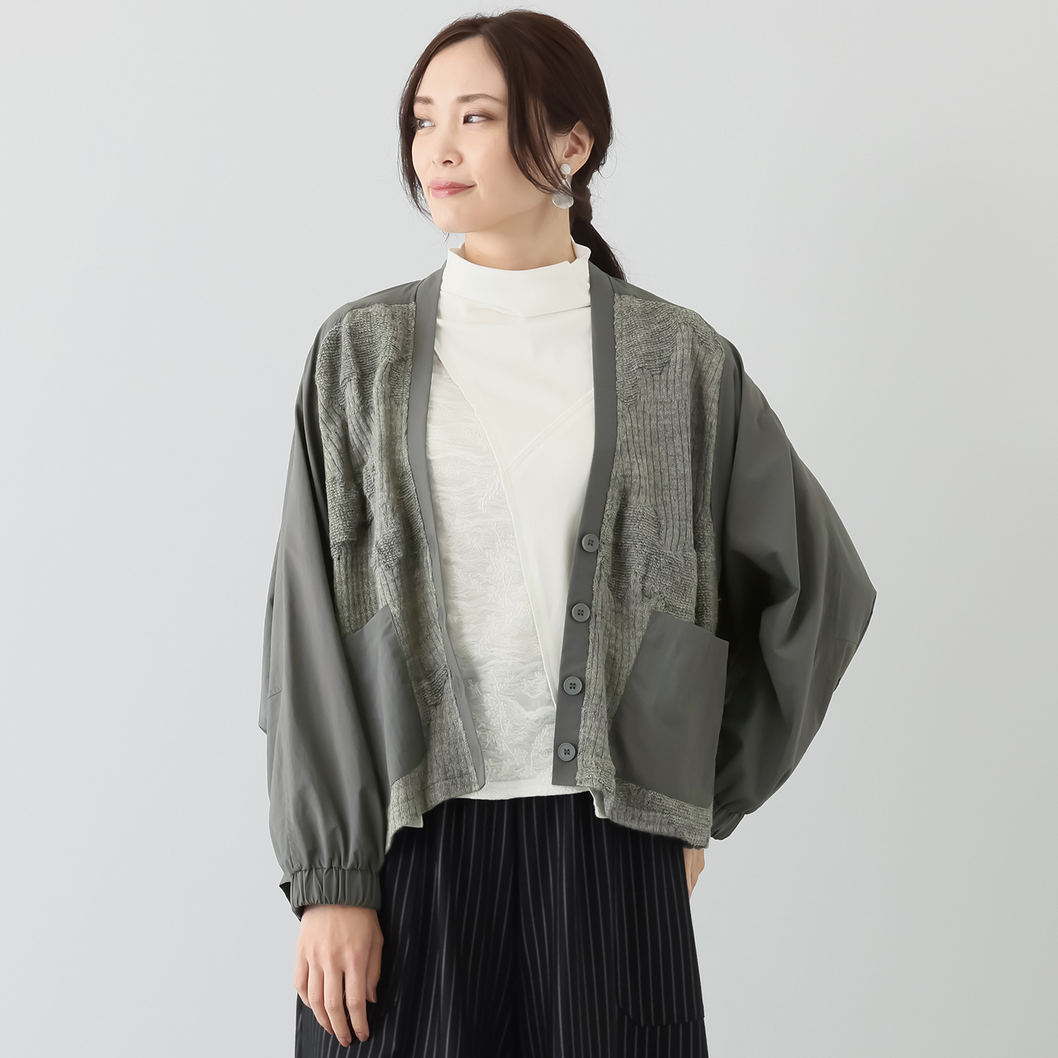 プラスエム 異素材組み合わせ カーディガン