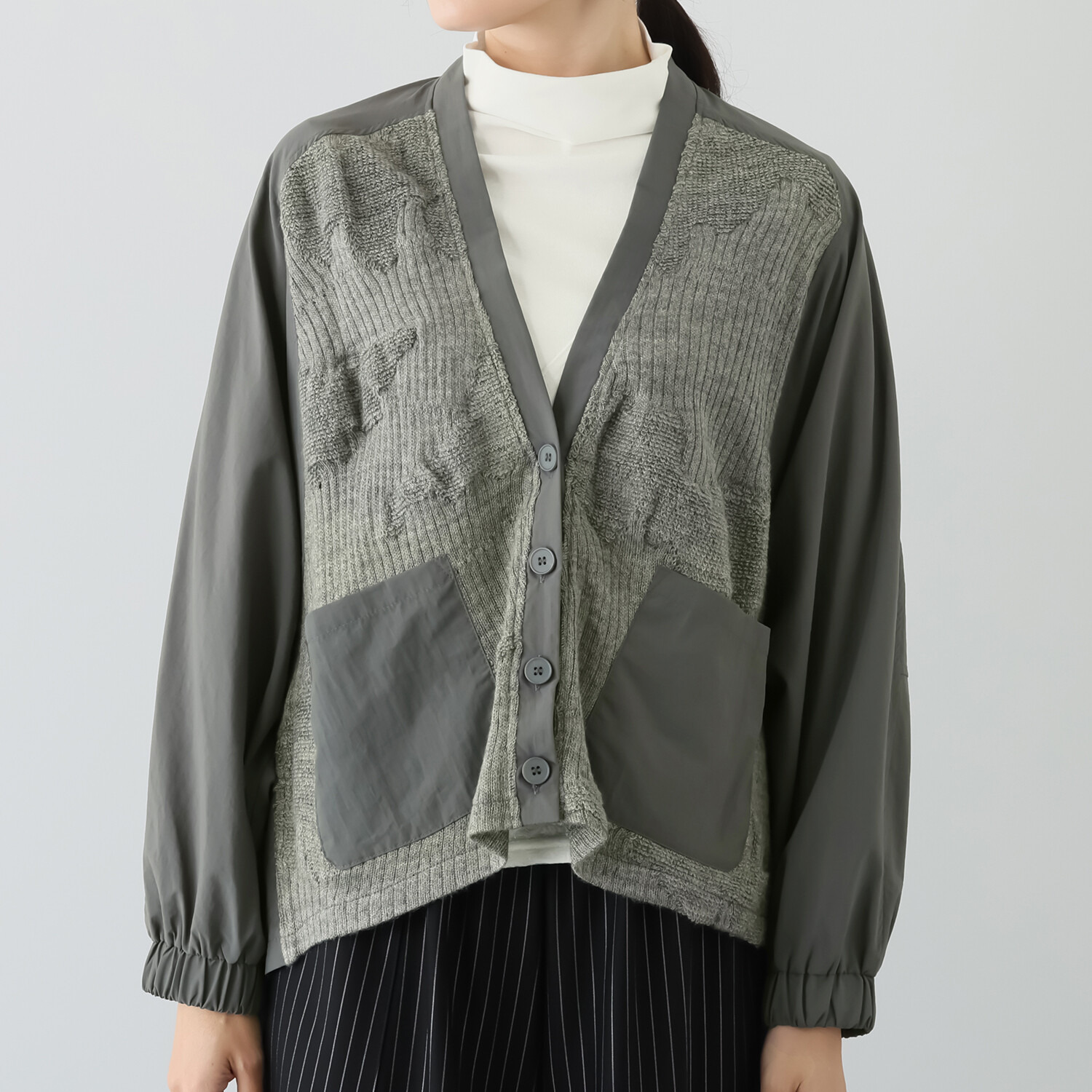 プラスエム 異素材組み合わせ カーディガン