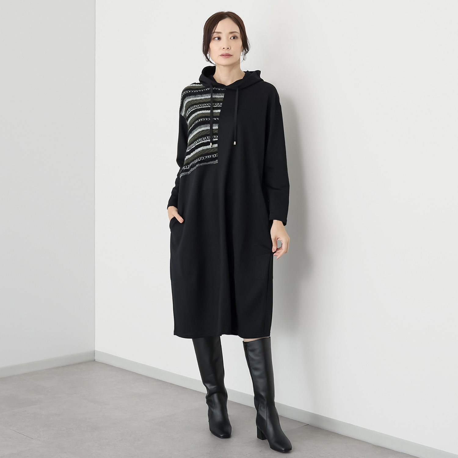 プラスエム 異素材組み合わせ フーディーワンピース