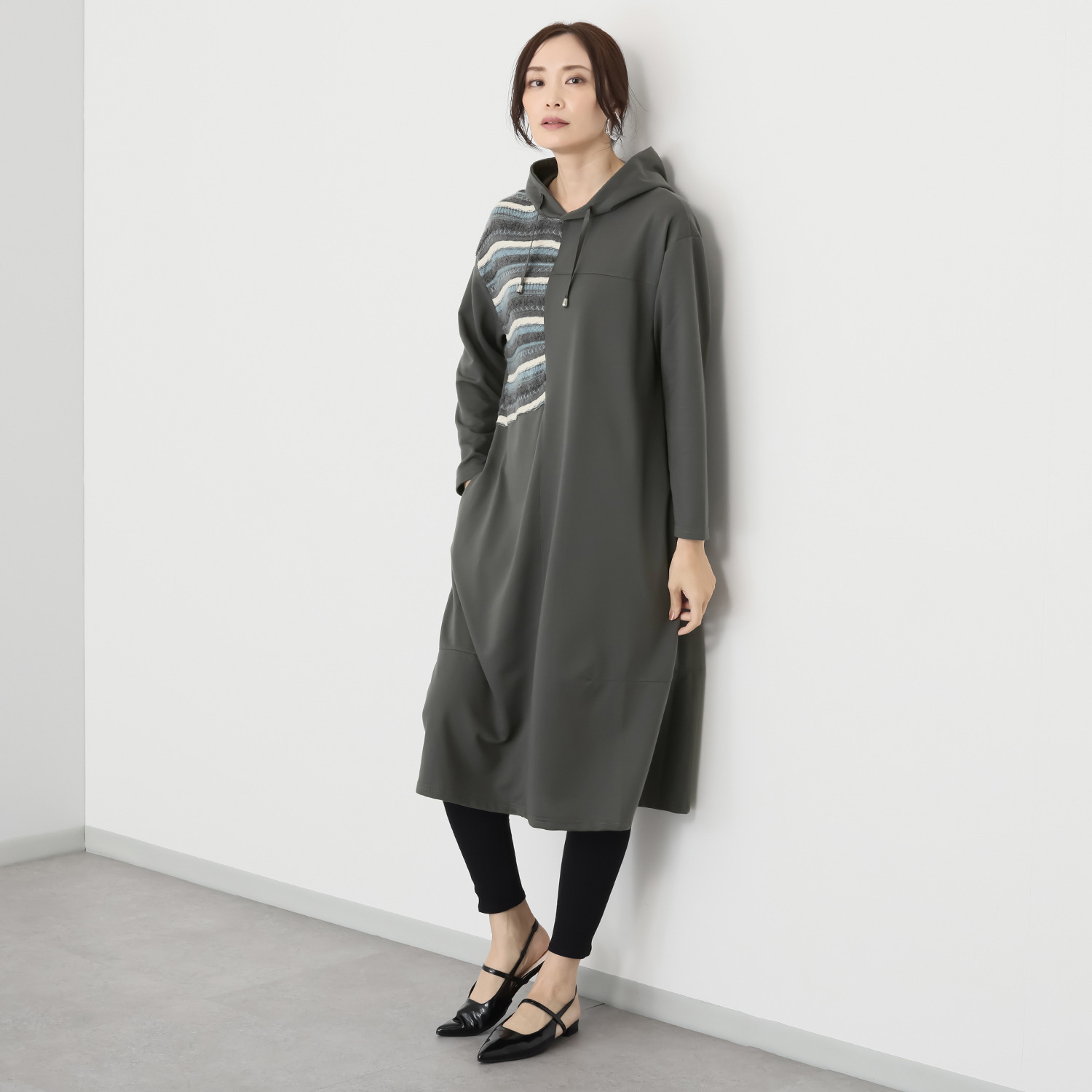 プラスエム 異素材組み合わせ フーディーワンピース