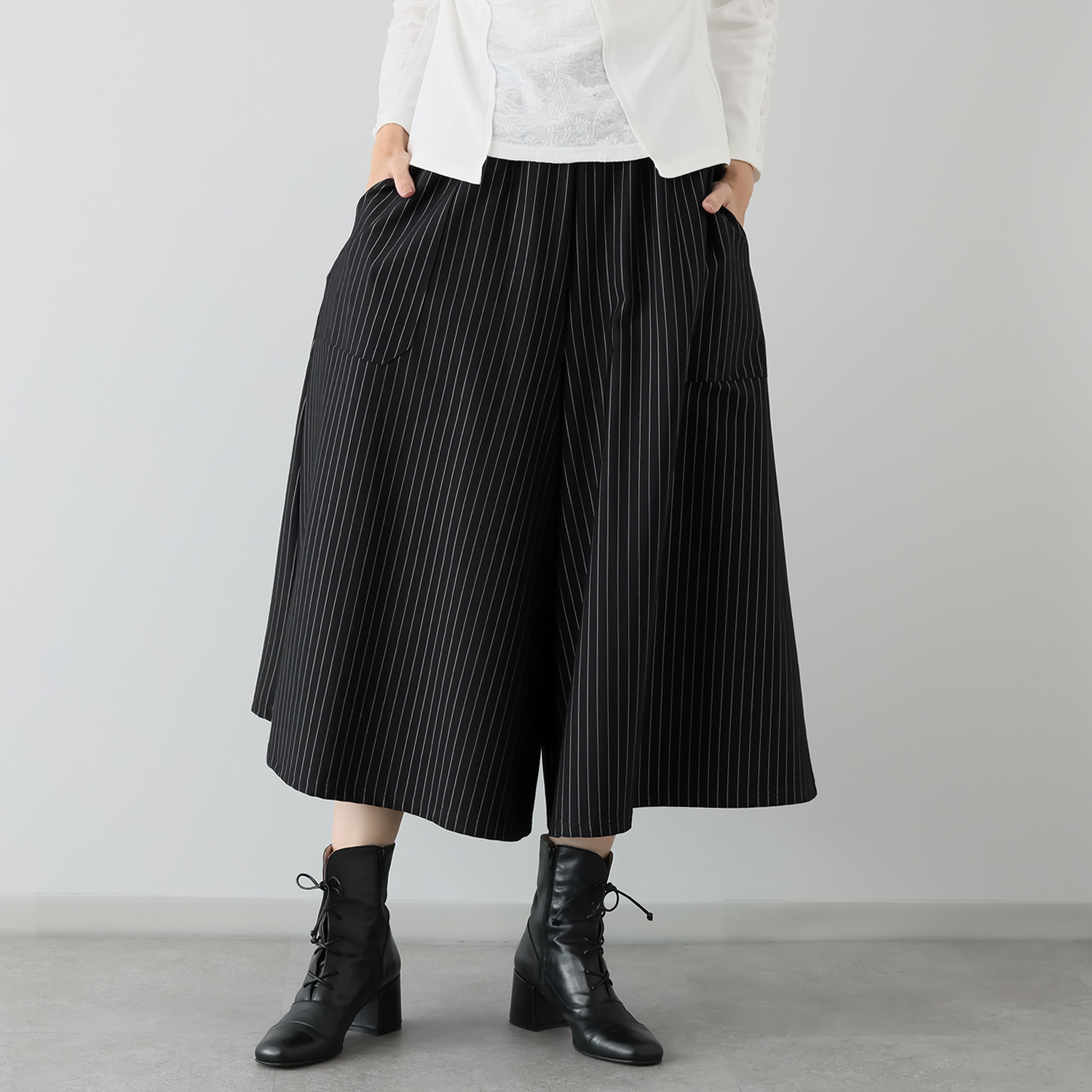 プラスエム ストライプ柄 ワイドパンツ