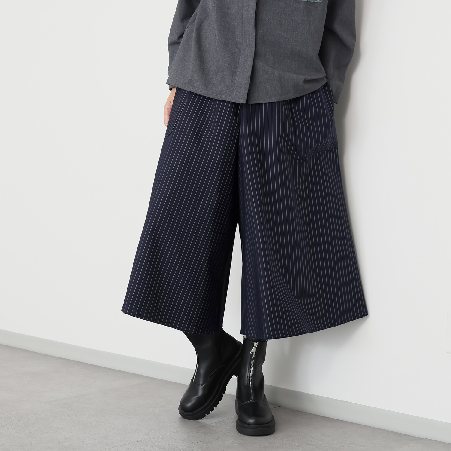 プラスエム ストライプ柄 ワイドパンツ