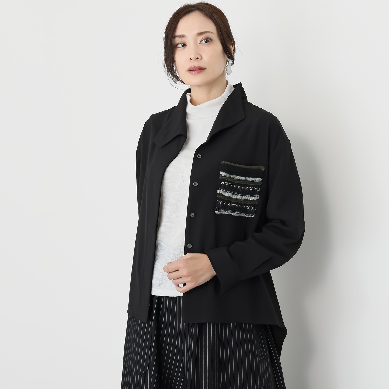 プラスエム ニットドッキング デザインシャツ