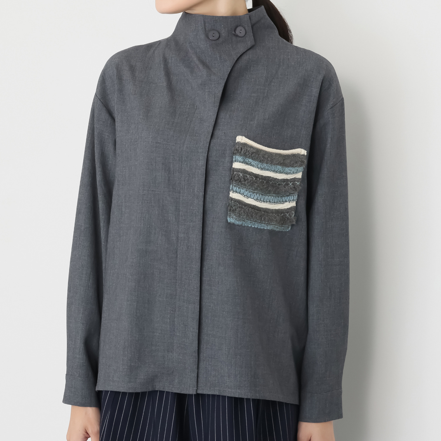 プラスエム ニットドッキング デザインシャツ