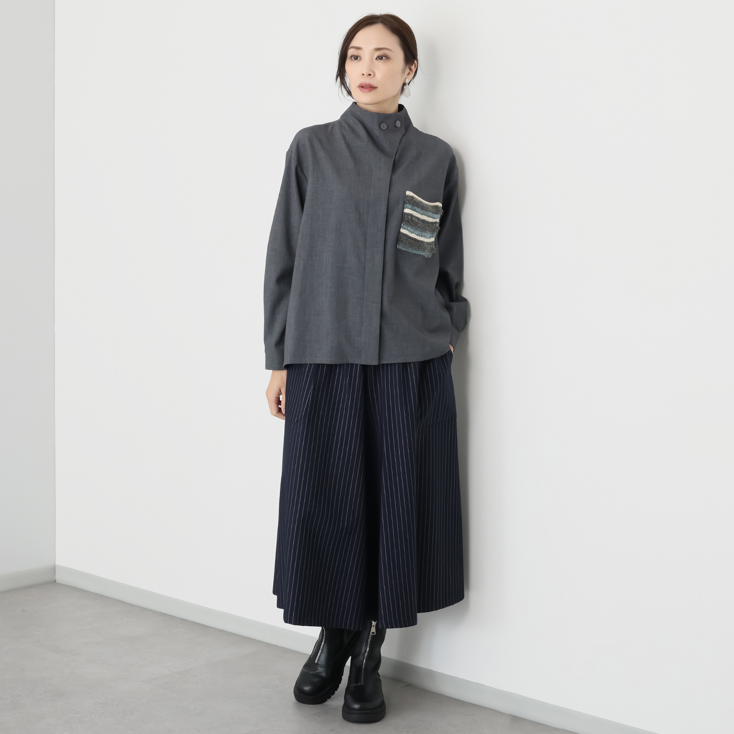 プラスエム ニットドッキング デザインシャツ