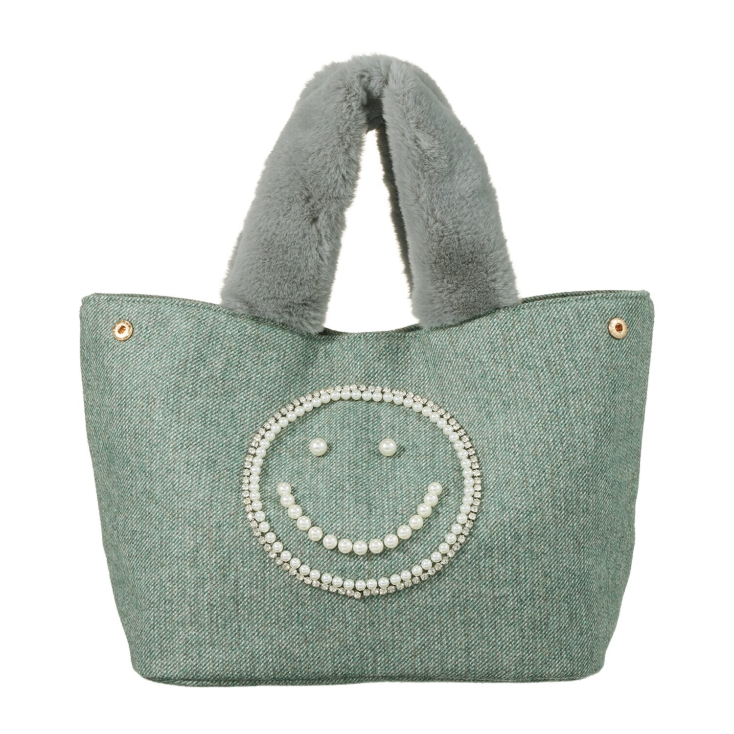 クーコ スマイリーフェイス パールビジュウ刺しゅう ふわふわハンドルバッグ