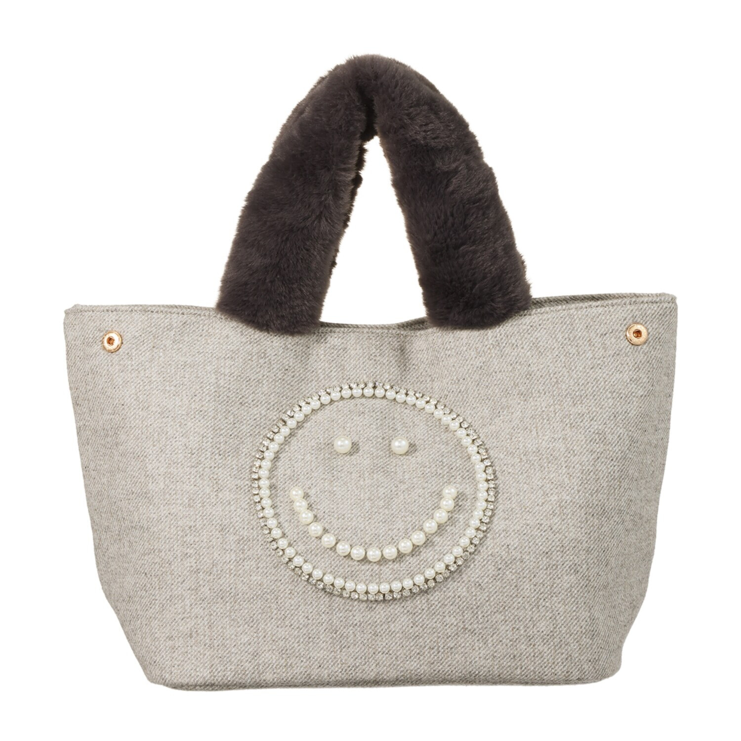 クーコ スマイリーフェイス パールビジュウ刺しゅう ふわふわハンドルバッグ