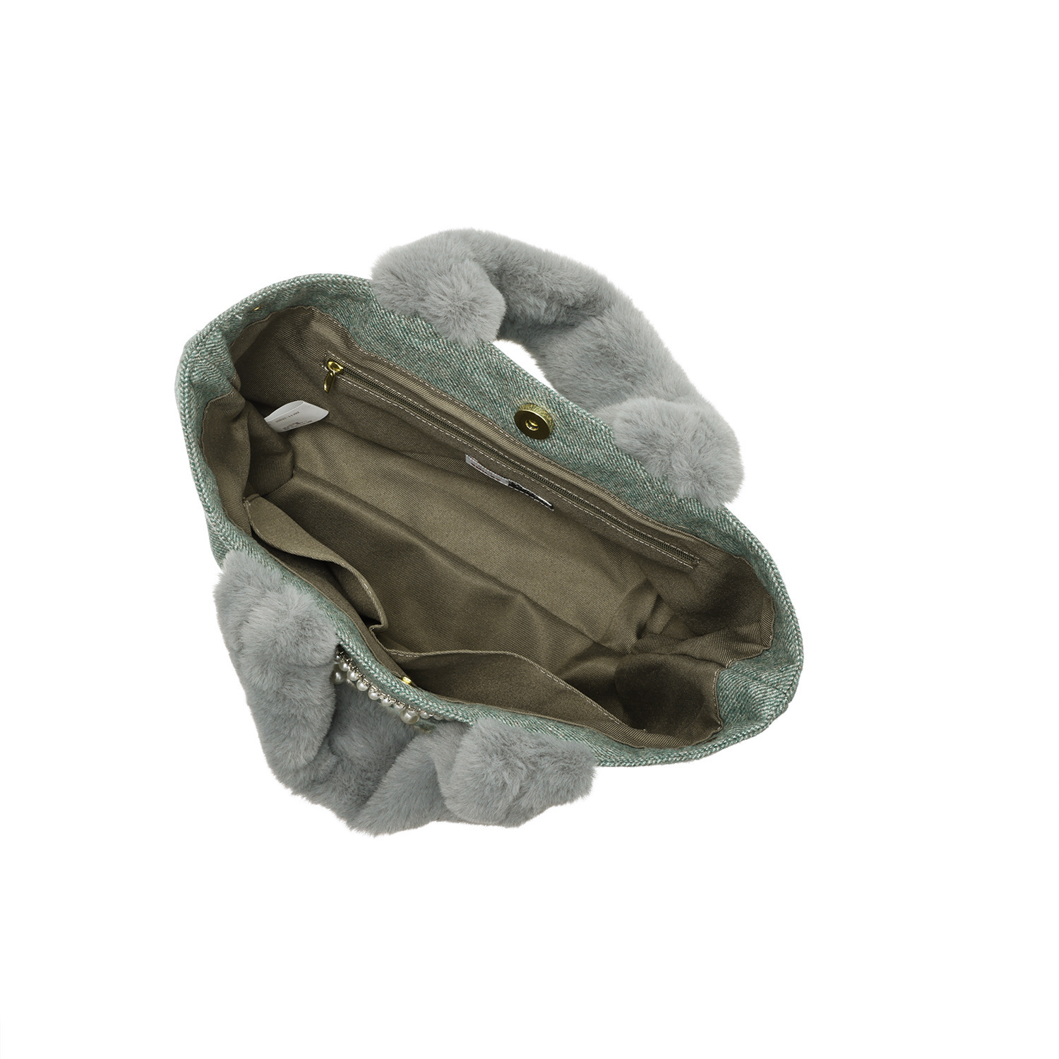 クーコ スマイリーフェイス パールビジュウ刺しゅう ふわふわハンドルバッグ