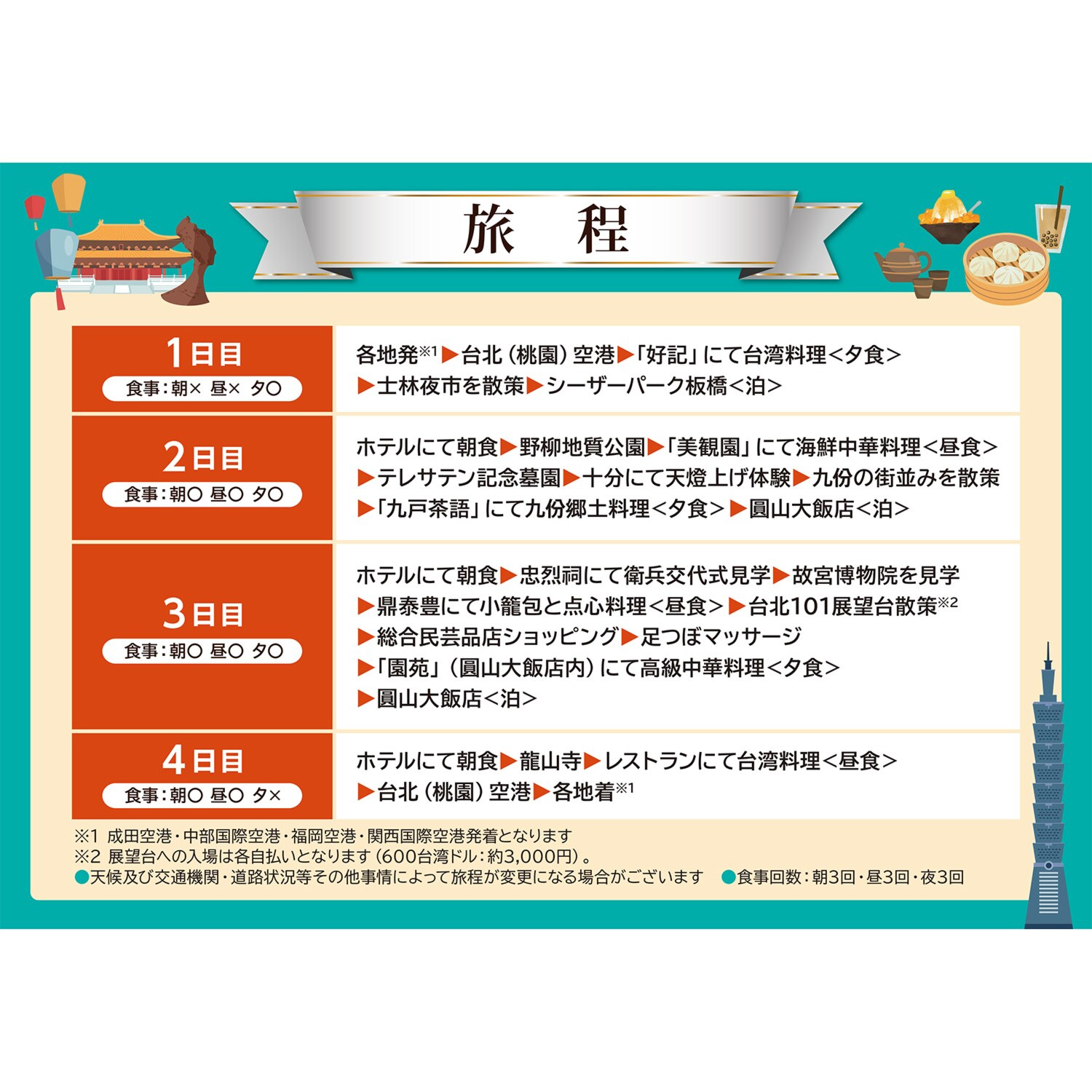大人時間を愉しむ 台湾北部周遊 ４日間 “福岡空港発着 　２名１室”