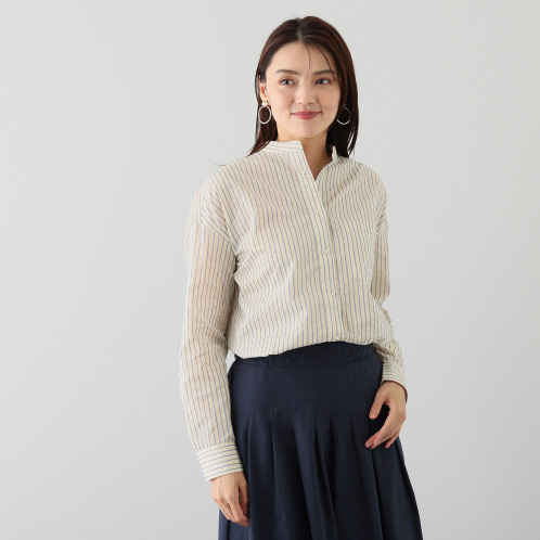 ポンデシャロン 刺しゅうボタン バンドカラーシャツ ポンデシャロン 刺しゅうボタン バンドカラーシャツ