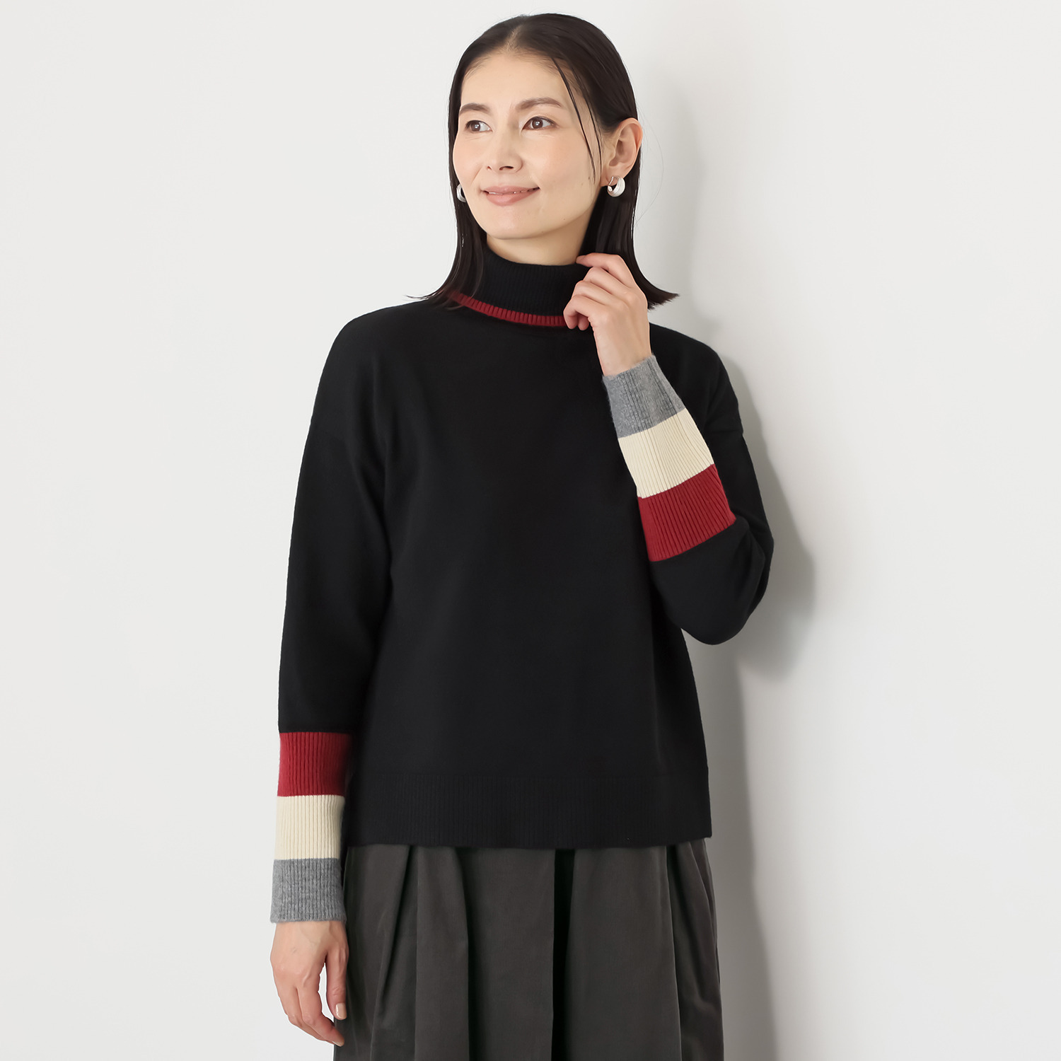 エバーグリーン エバーモア 着るだけで主役級 シンプルに着映える マルチ配色ニット ハイネックプルオーバー