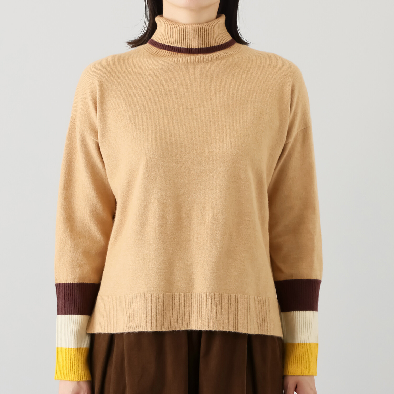 エバーグリーン エバーモア 着るだけで主役級 シンプルに着映える マルチ配色ニット ハイネックプルオーバー