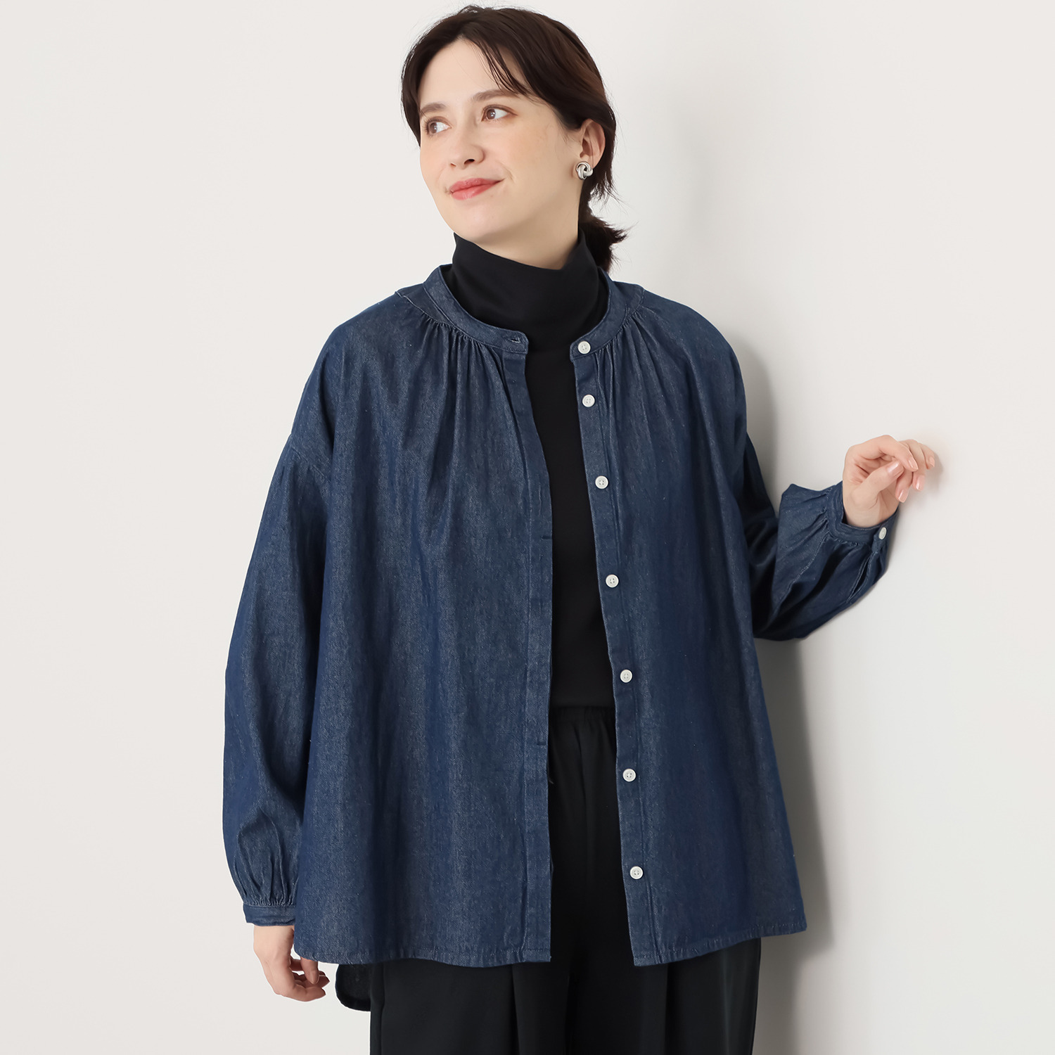 エムエムオー デニム ギャザーブラウス