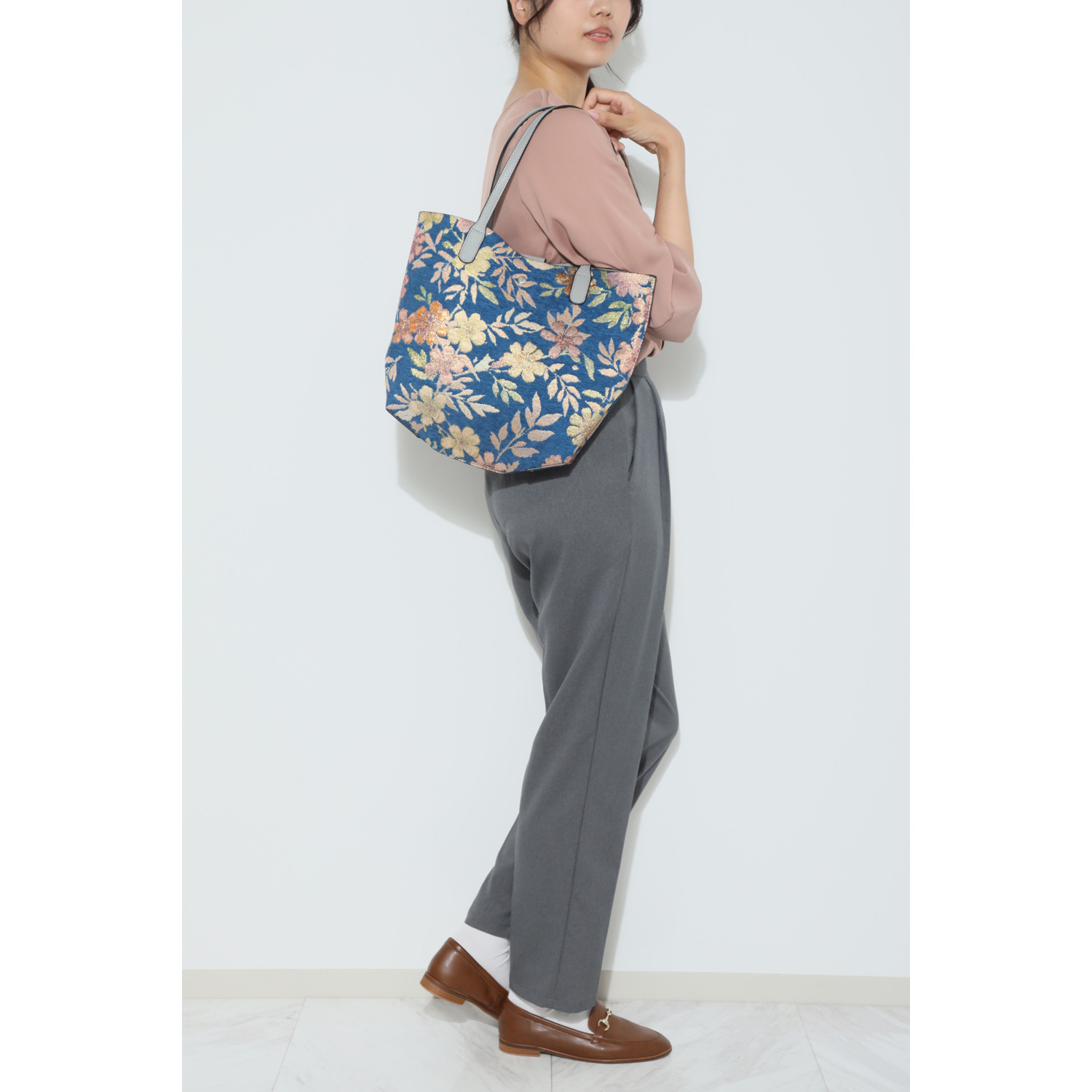 ラルジュ 花柄ジャガード リバーシブル トートバッグ