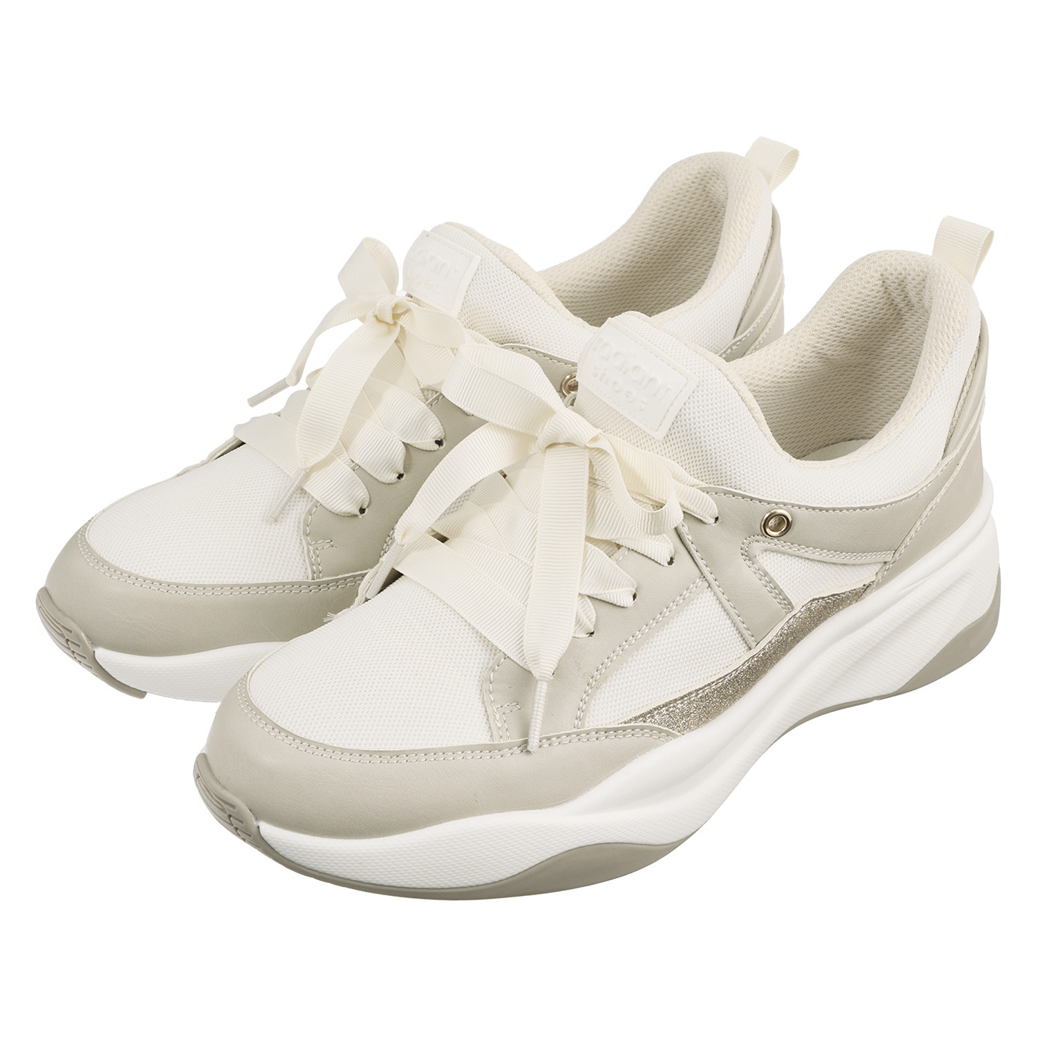 ハッシュドコーデ リボンレースアクセント ヒールアップ ラメスリッポン