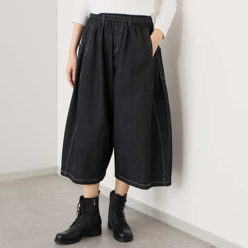 ベルデニム　ウォッシュ加工入り　ワイドシルエット　デニム素材デザインパンツ